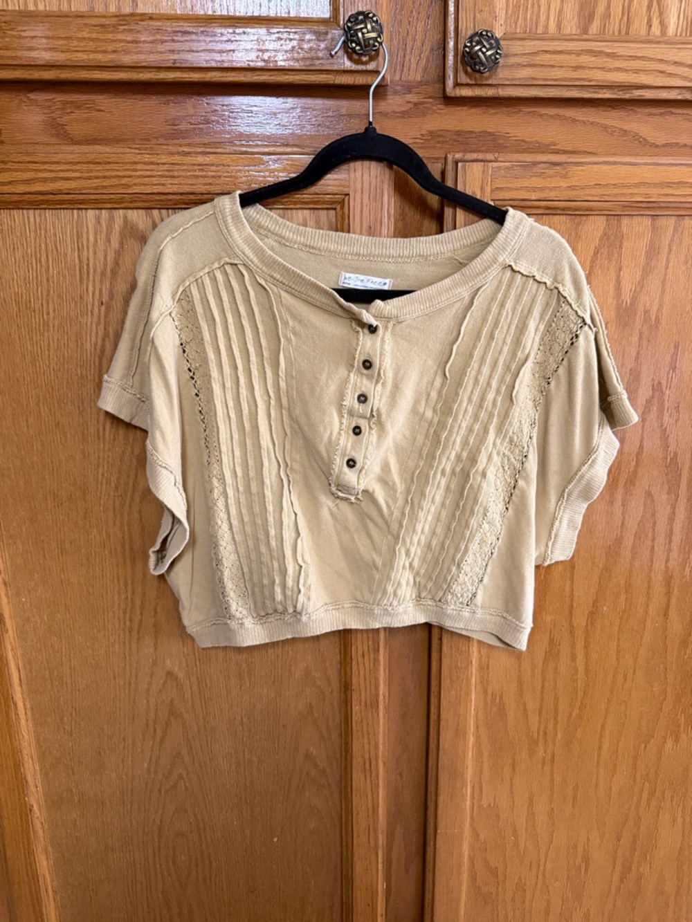 We The Free Cream Cropped Henley with Pintuck & Lace